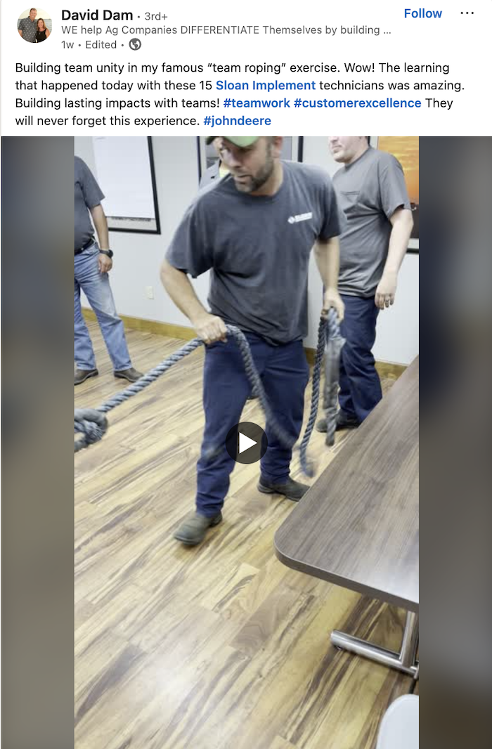 Sloan Implement Team Roping Exercise David 	Dam LinkedIn post